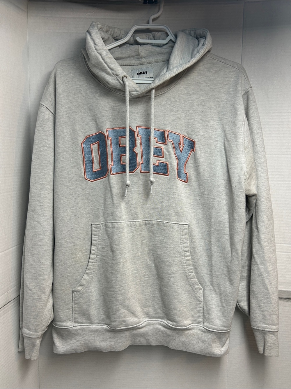 Obey Light Gray Hoodie with Blue & salmon embroidered Logo Size M